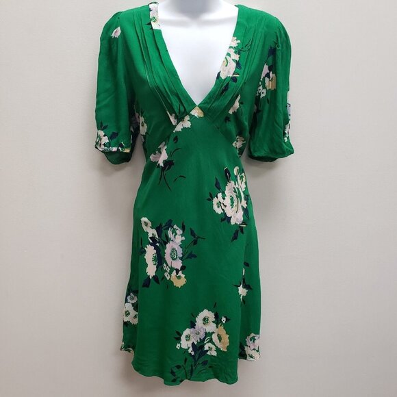 Free People Womens Neon Garden Floral Mini Dress Size 10 Green V Neck Bohemian - Picture 1 of 12